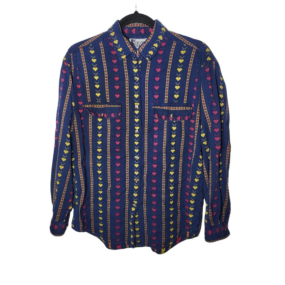 Vintage 90's Jeans Wear‎ Women's Heart Embroidered Button-Down Shirt Size Medium